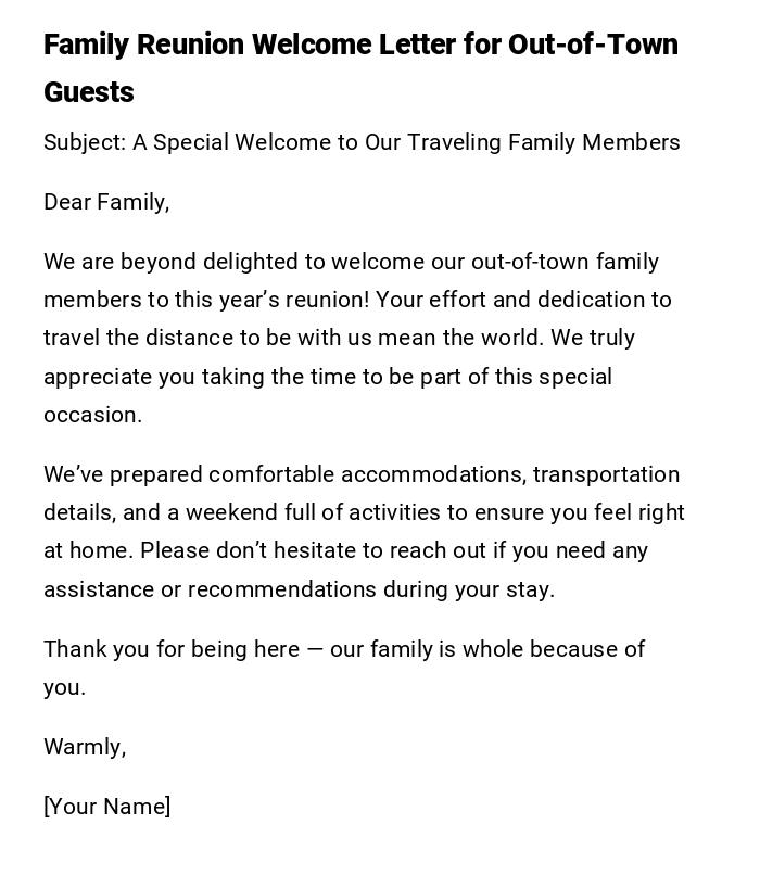 Family Reunion Welcome Letter for Out-of-Town Guests