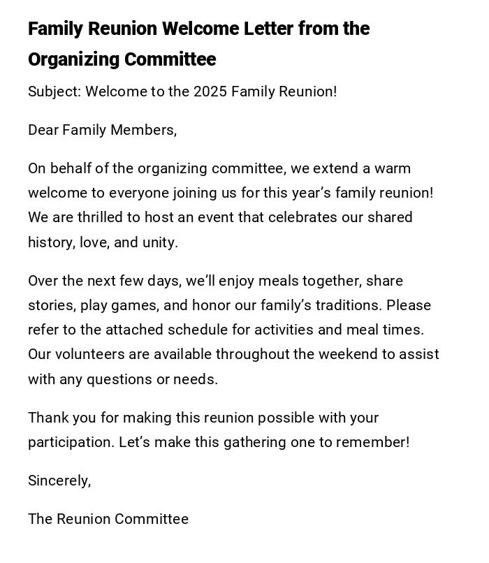 Family Reunion Welcome Letter from the Organizing Committee