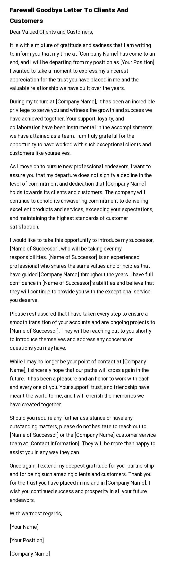 Farewell Goodbye Letter To Clients And Customers