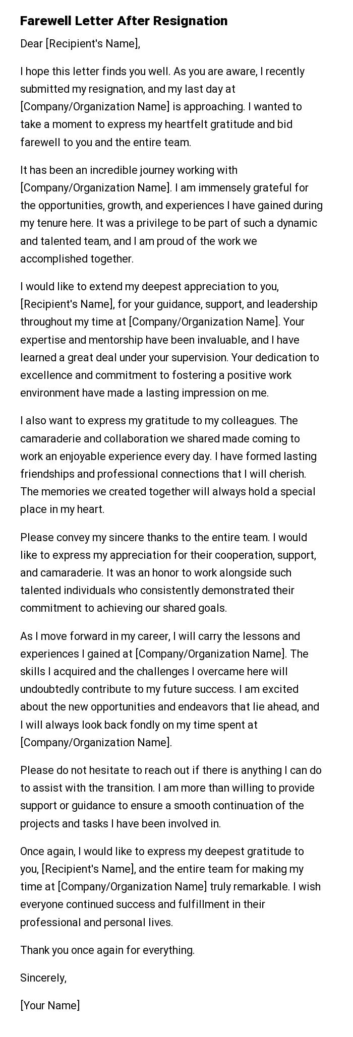 Farewell Letter After Resignation