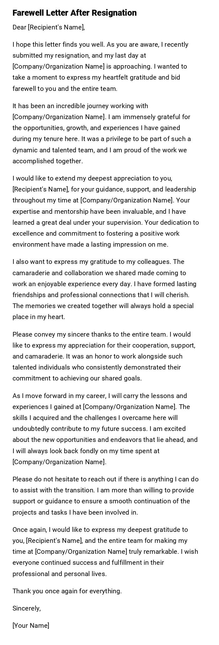 Farewell Letter After Resignation