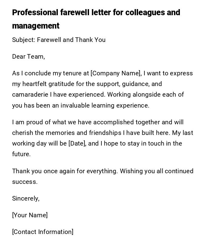 Professional farewell letter for colleagues and management Professional farewell letter for colleagues and management