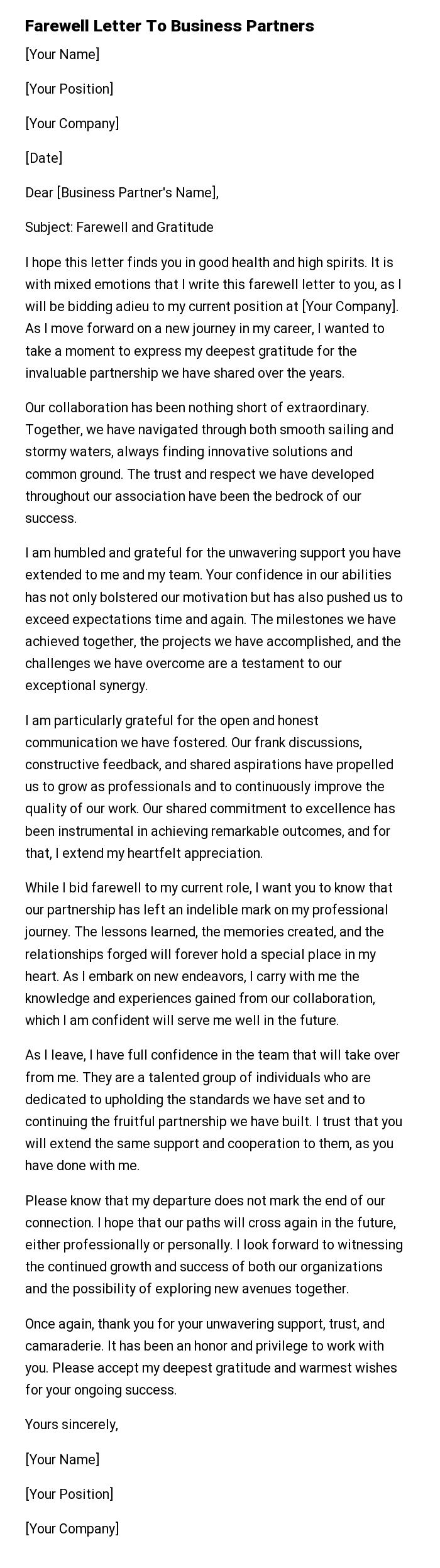 Farewell Letter To Business Partners
