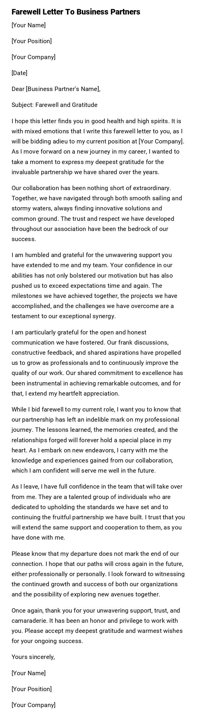 Farewell Letter To Business Partners