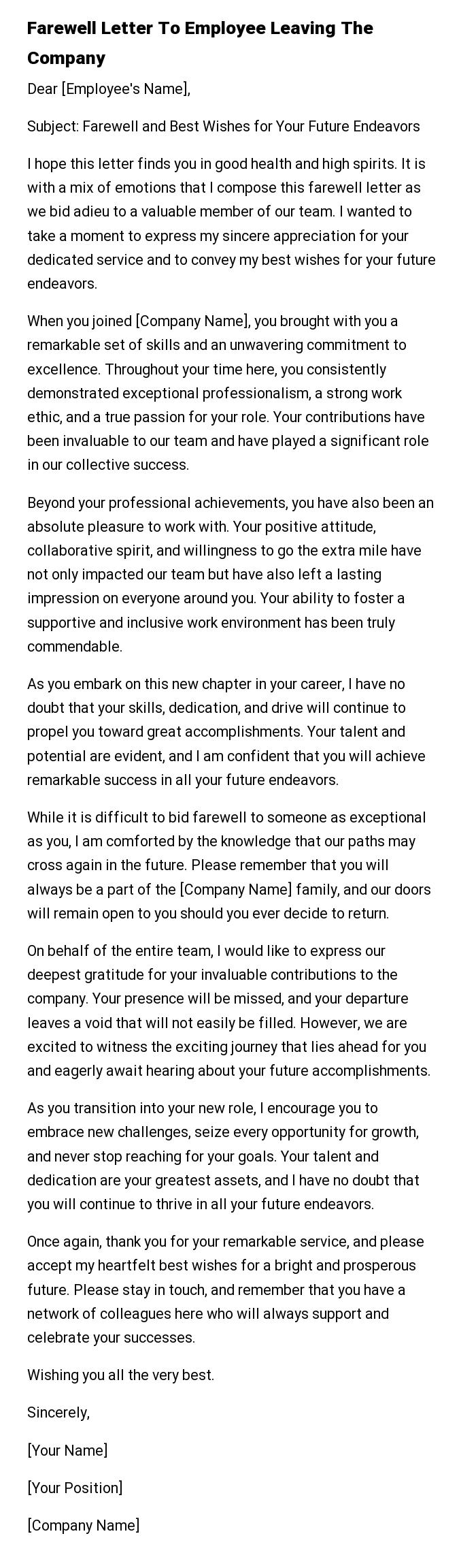 Farewell Letter To Employee Leaving The Company