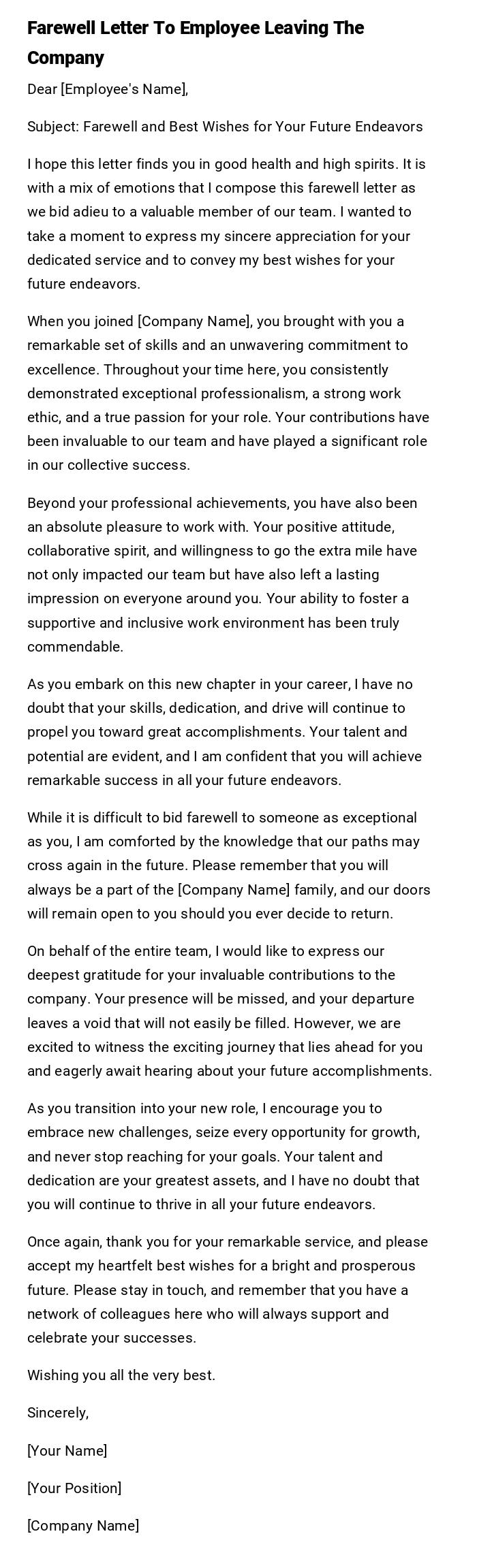 Farewell Letter To Employee Leaving The Company