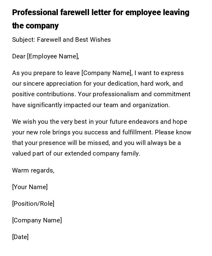 Professional farewell letter for employee leaving the company Professional farewell letter for employee leaving the company