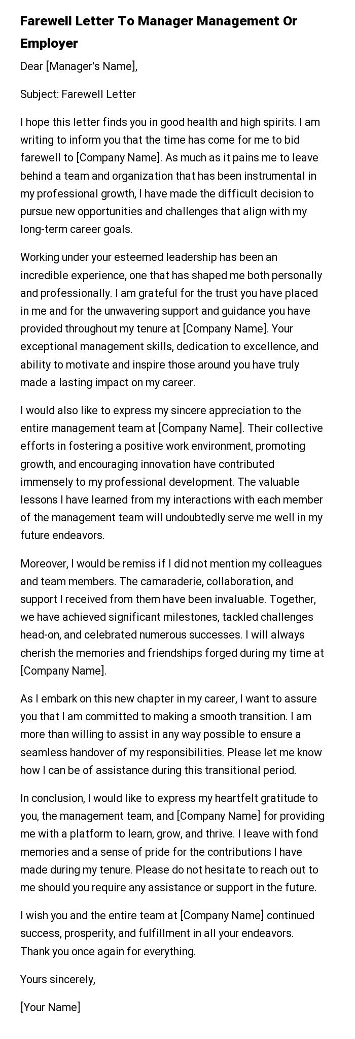 Farewell Letter To Manager Management Or Employer