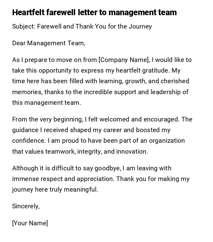 Heartfelt farewell letter to management team Heartfelt farewell letter to management team
