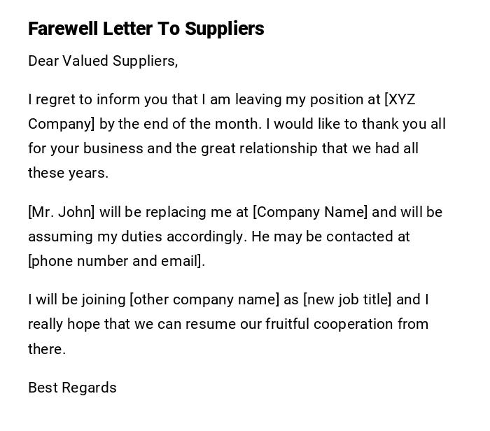 Farewell Letter To Suppliers Farewell Letter To Suppliers