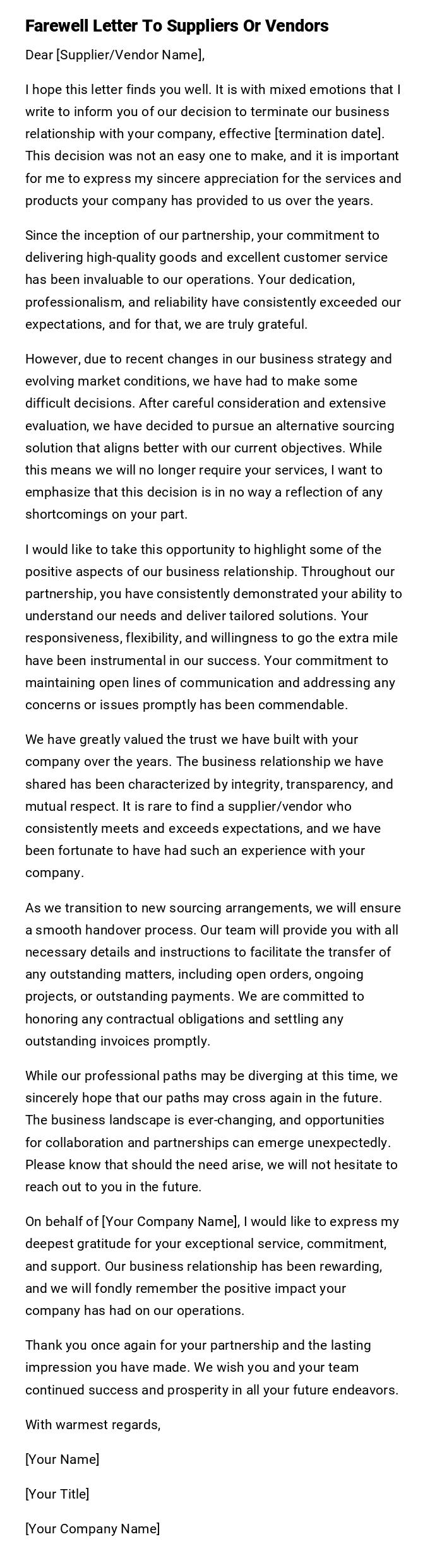 Farewell Letter To Suppliers Or Vendors Farewell Letter To Suppliers Or Vendors