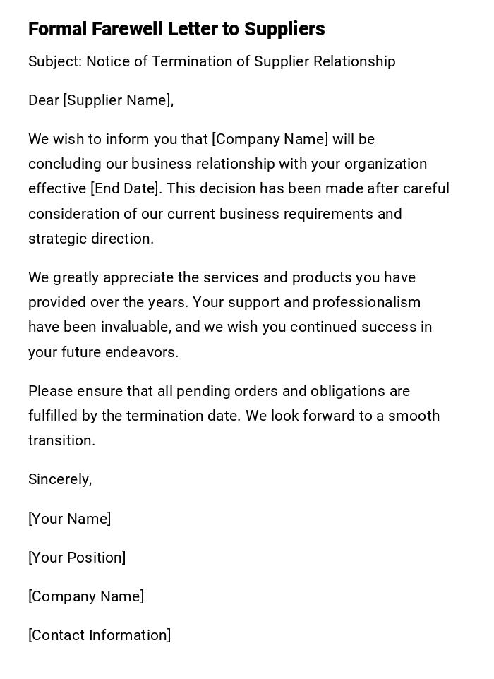 Formal Farewell Letter to Suppliers Formal Farewell Letter to Suppliers