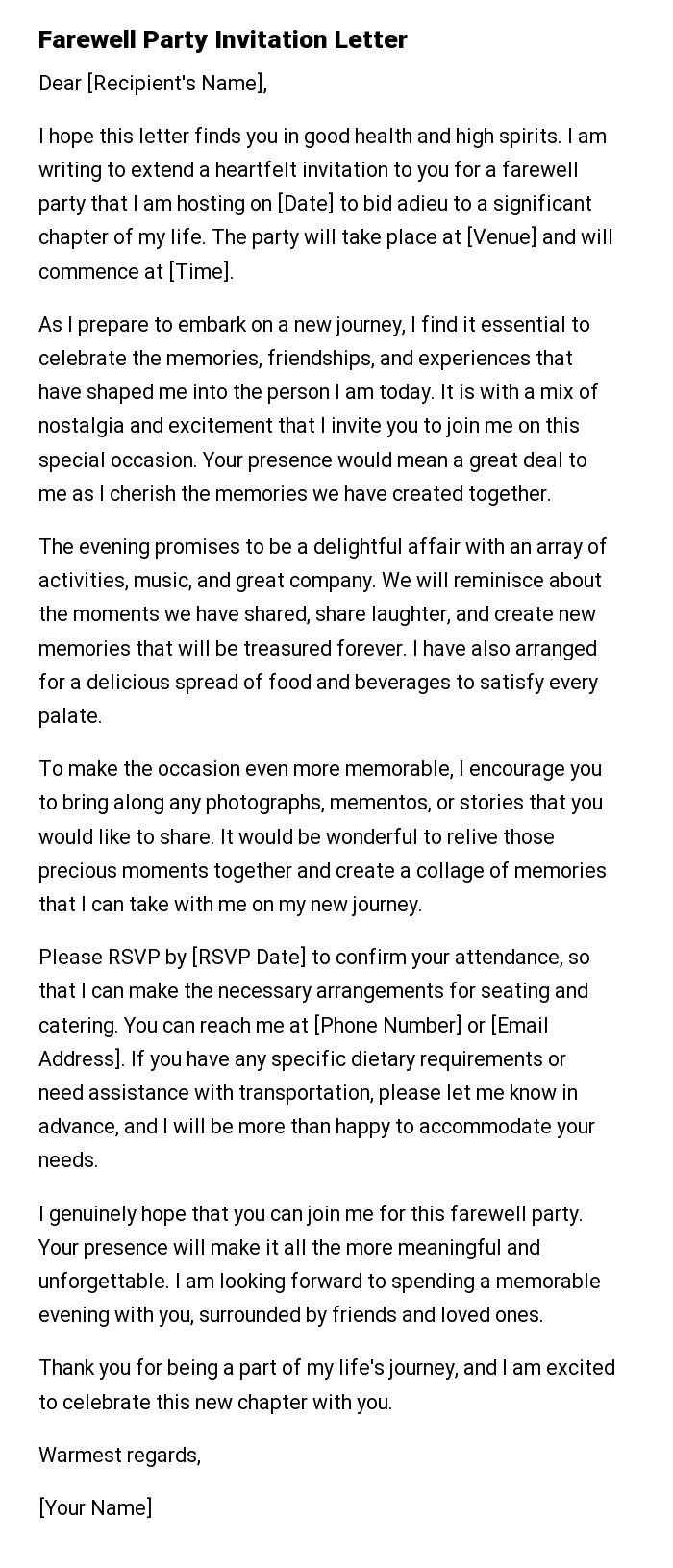 Farewell Party Invitation Letter
