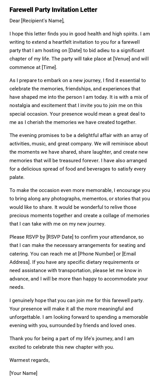 Farewell Party Invitation Letter