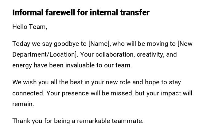 Informal farewell for internal transfer Informal farewell for internal transfer