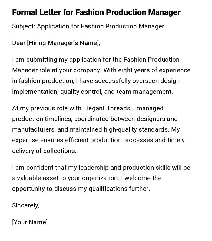 Formal Letter for Fashion Production Manager Formal Letter for Fashion Production Manager