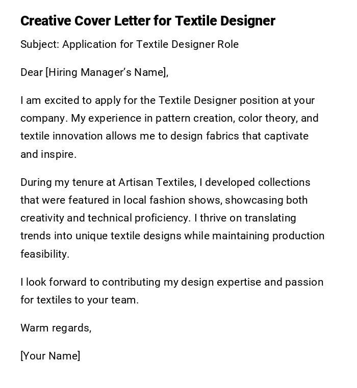 Creative Cover Letter for Textile Designer Creative Cover Letter for Textile Designer