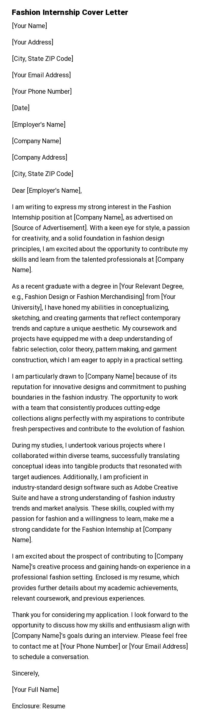 Fashion Internship Cover Letter