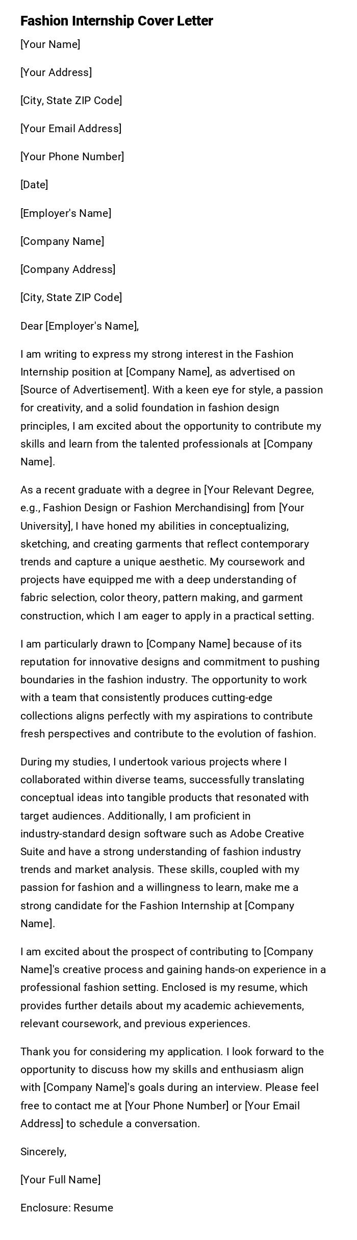 Fashion Internship Cover Letter