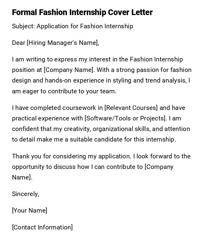 Formal Fashion Internship Cover Letter Formal Fashion Internship Cover Letter