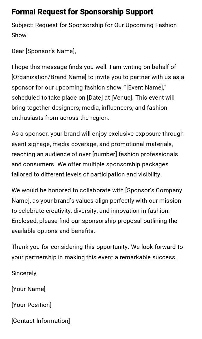 Formal Request for Sponsorship Support Formal Request for Sponsorship Support
