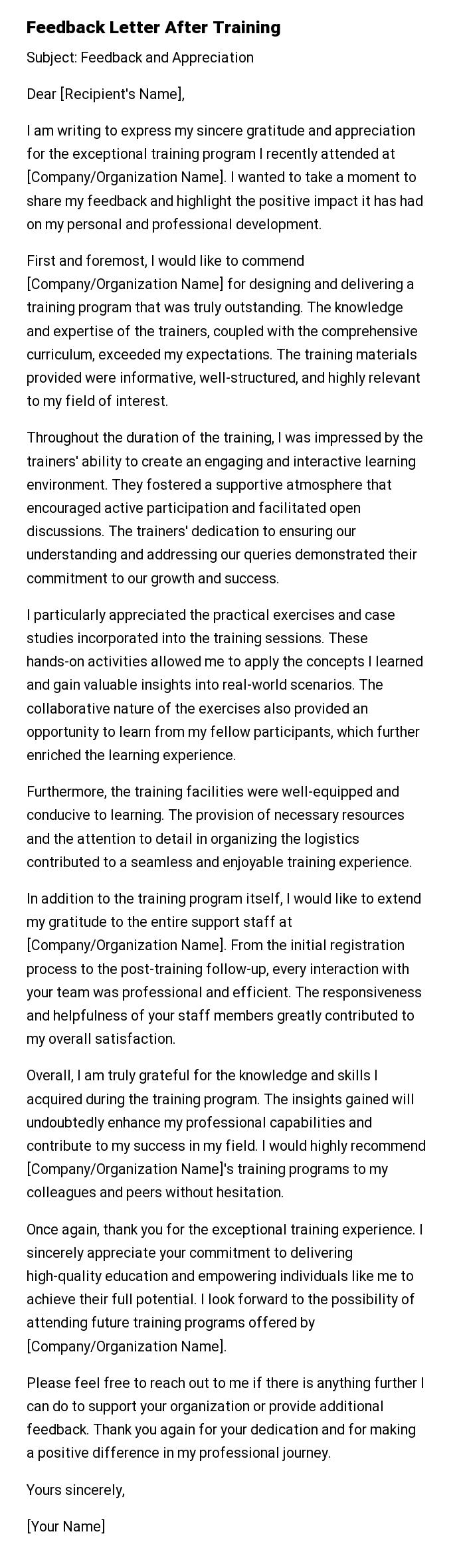 Feedback Letter After Training