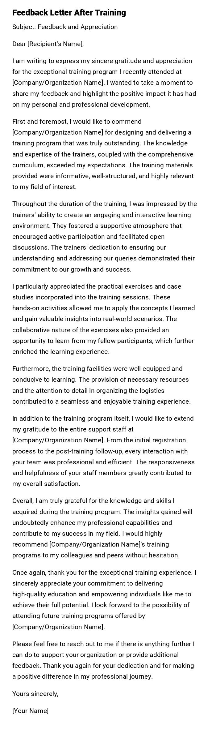 Feedback Letter After Training