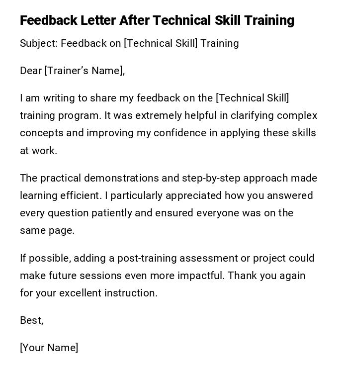 Feedback Letter After Technical Skill Training