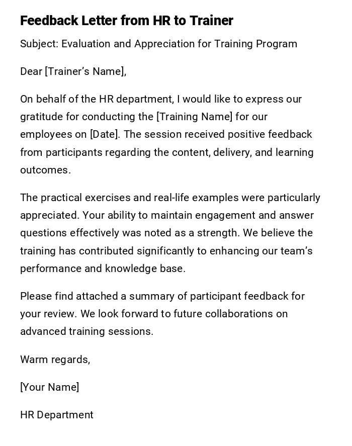 Feedback Letter from HR to Trainer