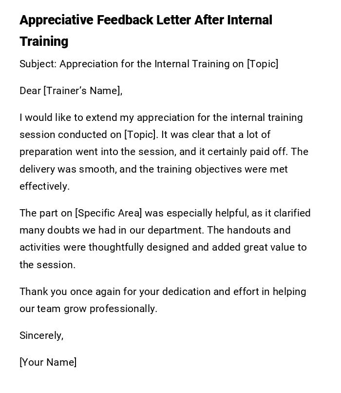 Appreciative Feedback Letter After Internal Training