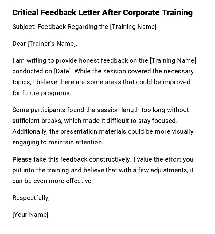Critical Feedback Letter After Corporate Training