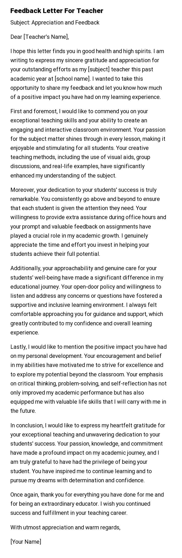 Feedback Letter For Teacher