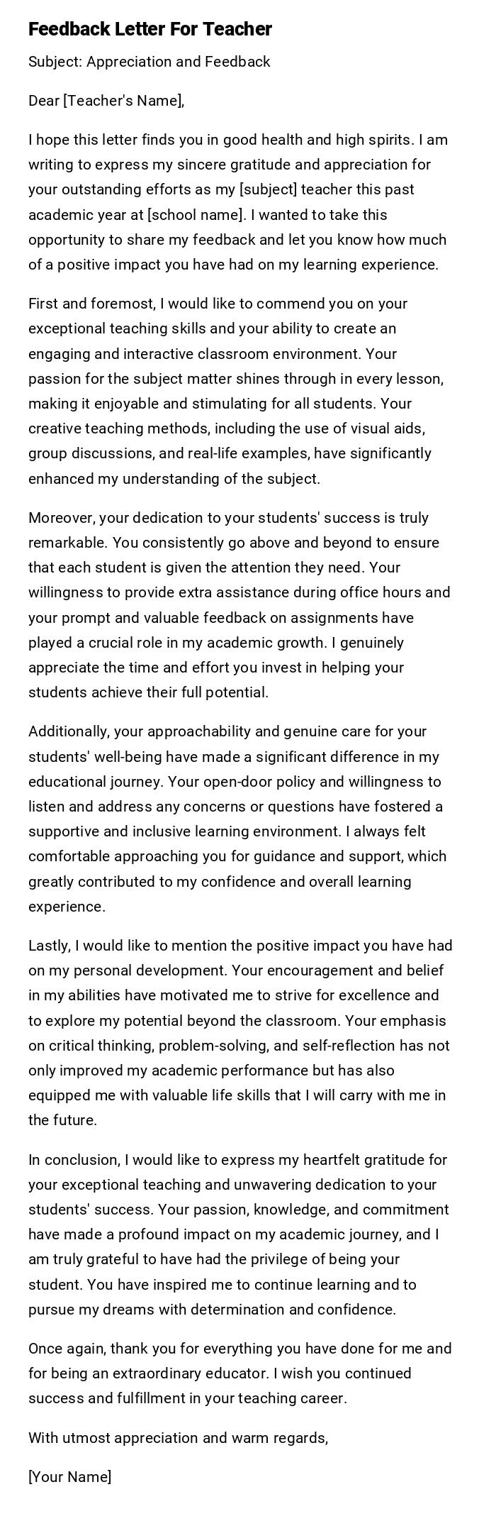 Feedback Letter For Teacher