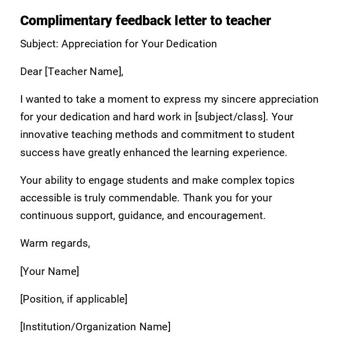 Complimentary feedback letter to teacher