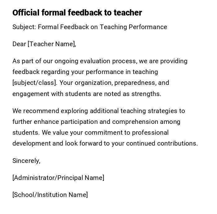 Official formal feedback to teacher