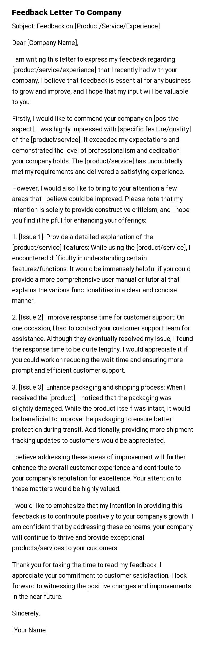 Feedback Letter To Company