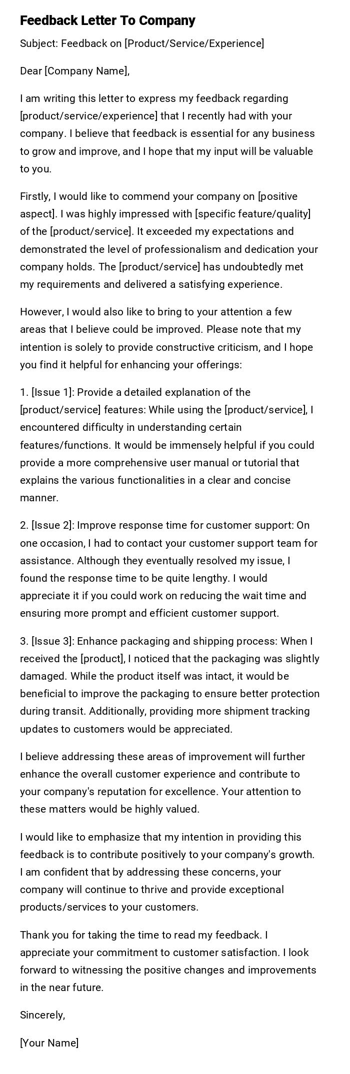 Feedback Letter To Company Feedback Letter To Company