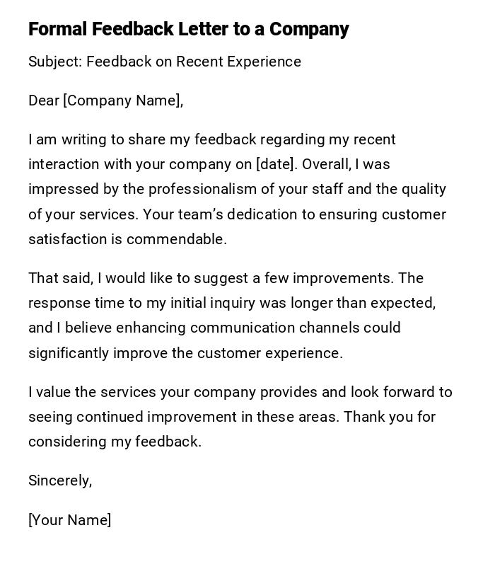 Formal Feedback Letter to a Company Formal Feedback Letter to a Company