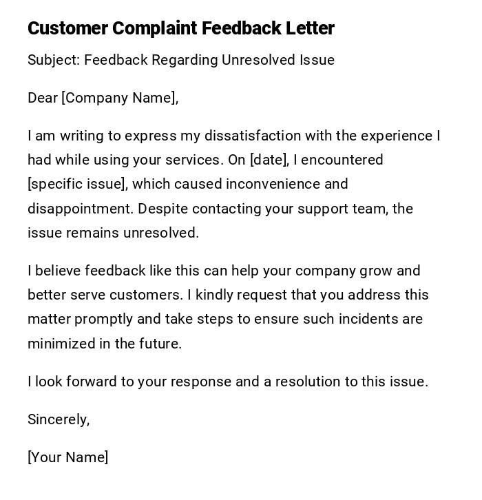 Customer Complaint Feedback Letter Customer Complaint Feedback Letter