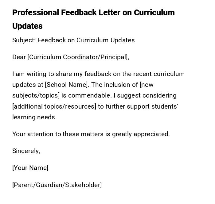 Professional Feedback Letter on Curriculum Updates Professional Feedback Letter on Curriculum Updates