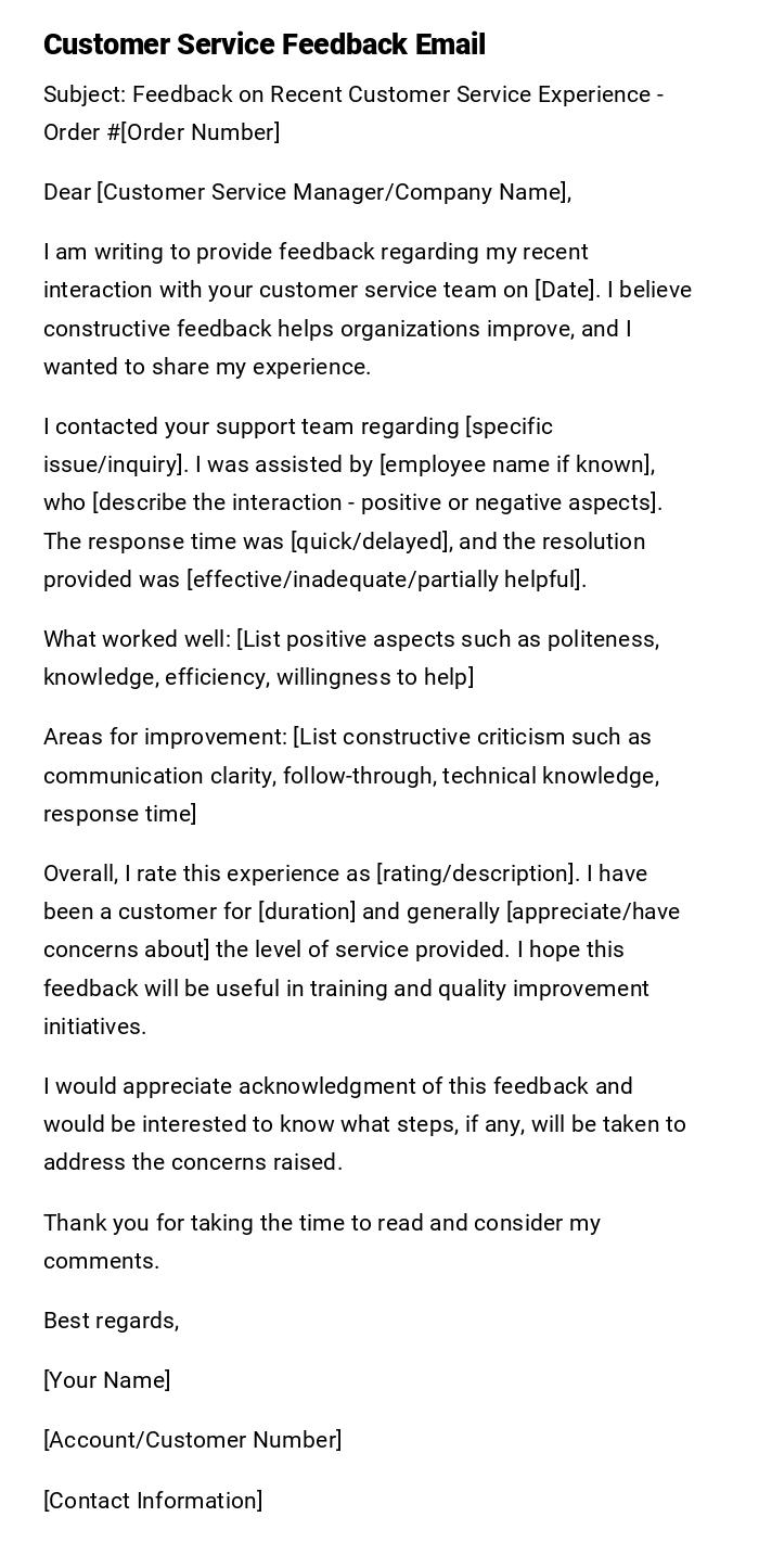 Customer Service Feedback Email Customer Service Feedback Email
