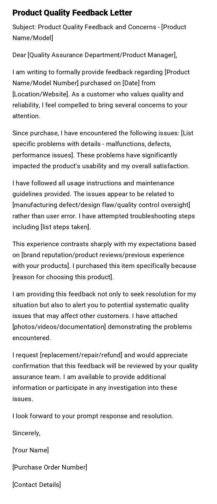 Product Quality Feedback Letter Product Quality Feedback Letter