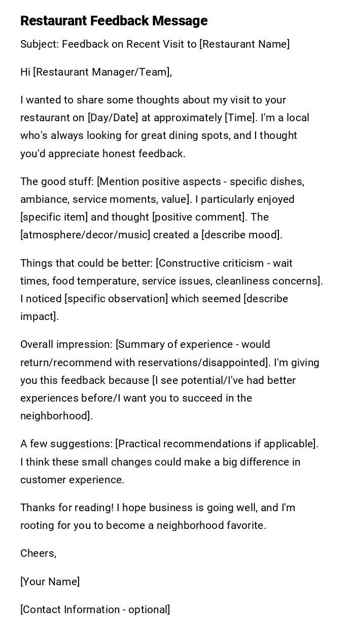 Restaurant Feedback Message Restaurant Feedback Message