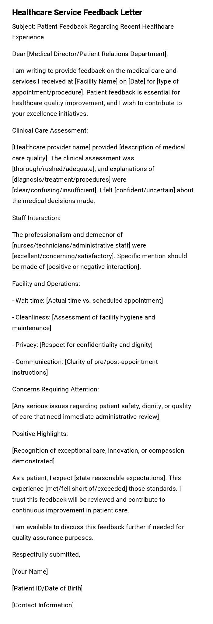 Healthcare Service Feedback Letter Healthcare Service Feedback Letter