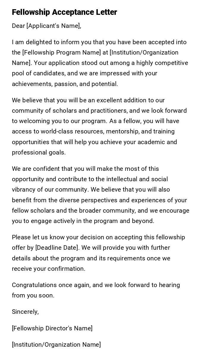 Fellowship Acceptance Letter