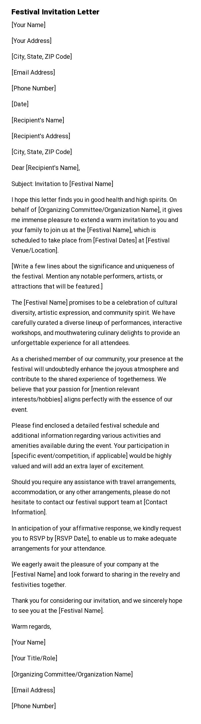 Festival Invitation Letter
