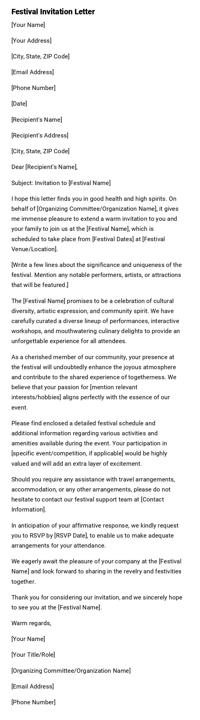 Festival Invitation Letter