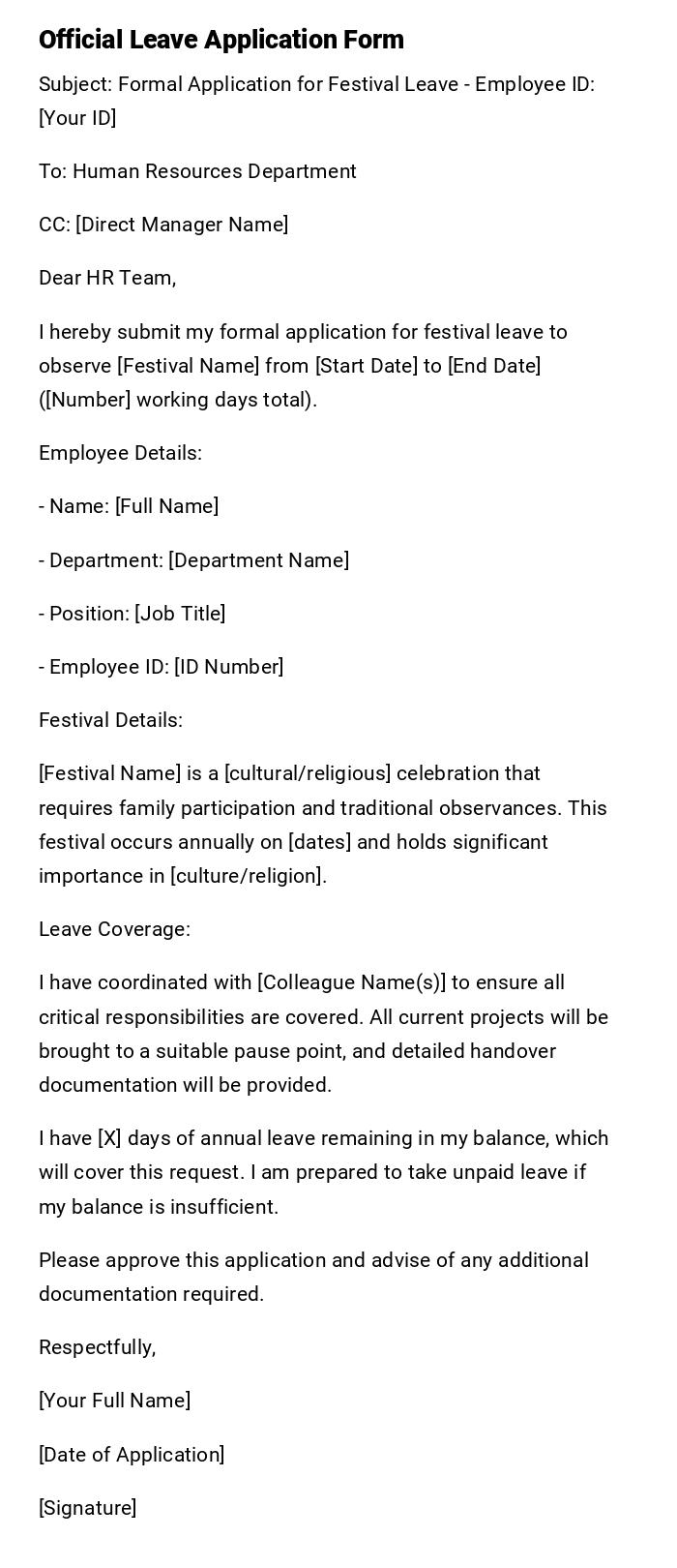 Official Leave Application Form Official Leave Application Form