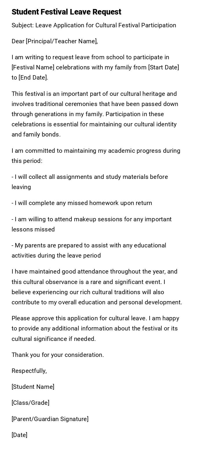 Student Festival Leave Request Student Festival Leave Request