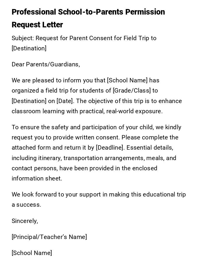 Professional School-to-Parents Permission Request Letter Professional School-to-Parents Permission Request Letter